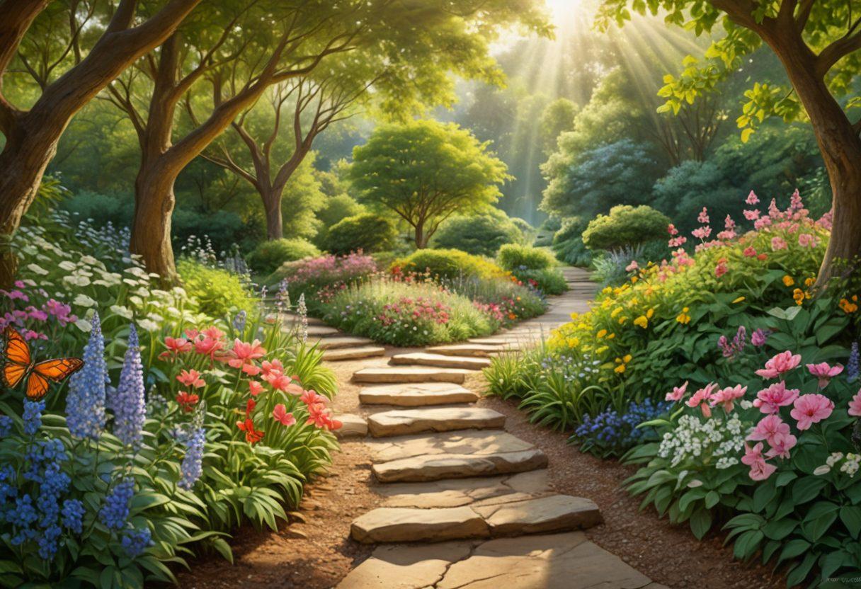 A serene landscape featuring a winding pathway surrounded by lush greenery and blooming flowers, symbolizing growth and healing. A figure meditating peacefully on the path, with soft rays of sunlight filtering through the trees, creating a warm, inviting atmosphere. Subtle imagery of butterflies and birds, representing transformation and freedom. The foreground includes stones inscribed with uplifting words. dreamy, soft colors. painting.