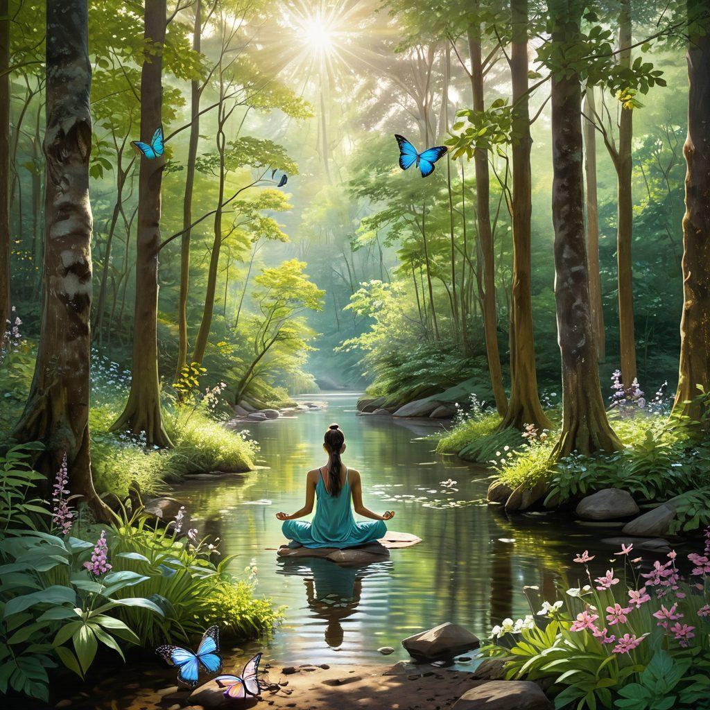 A tranquil scene depicting a person meditating in a lush green forest, surrounded by gentle sunlight filtering through the trees. Soft pastel flowers bloom around them, symbolizing self-love and growth. In the background, a serene river flows, representing healing and the journey of life. Incorporate subtle elements of colorful butterflies to symbolize transformation. vibrant colors. natural landscape. peaceful atmosphere.